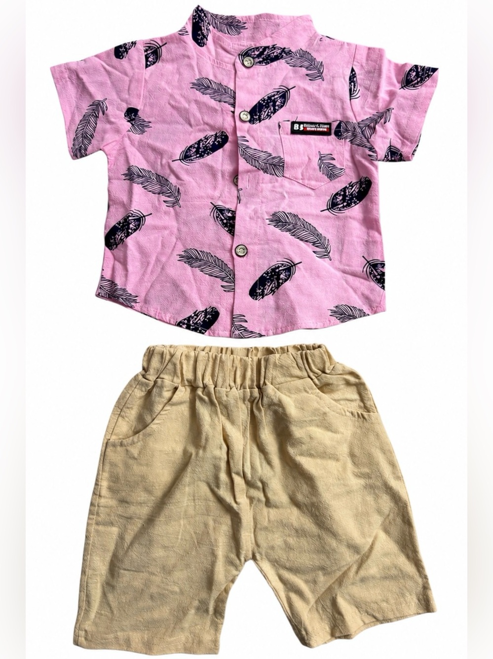 Toddler Pink Feather Print Button Shirt & Tan Shorts Set